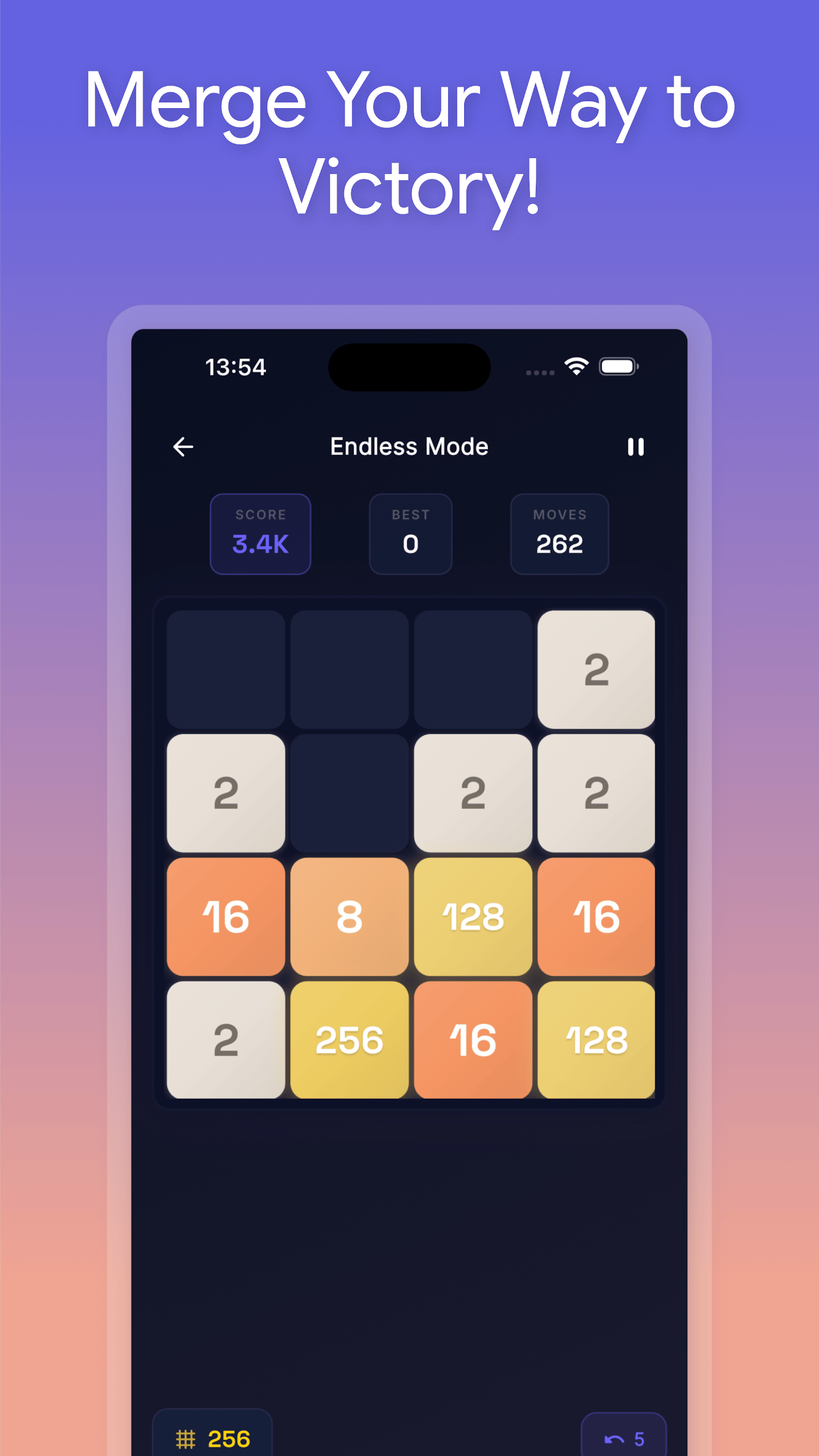 2048 Merge Quest endless puzzle board with numbered tiles