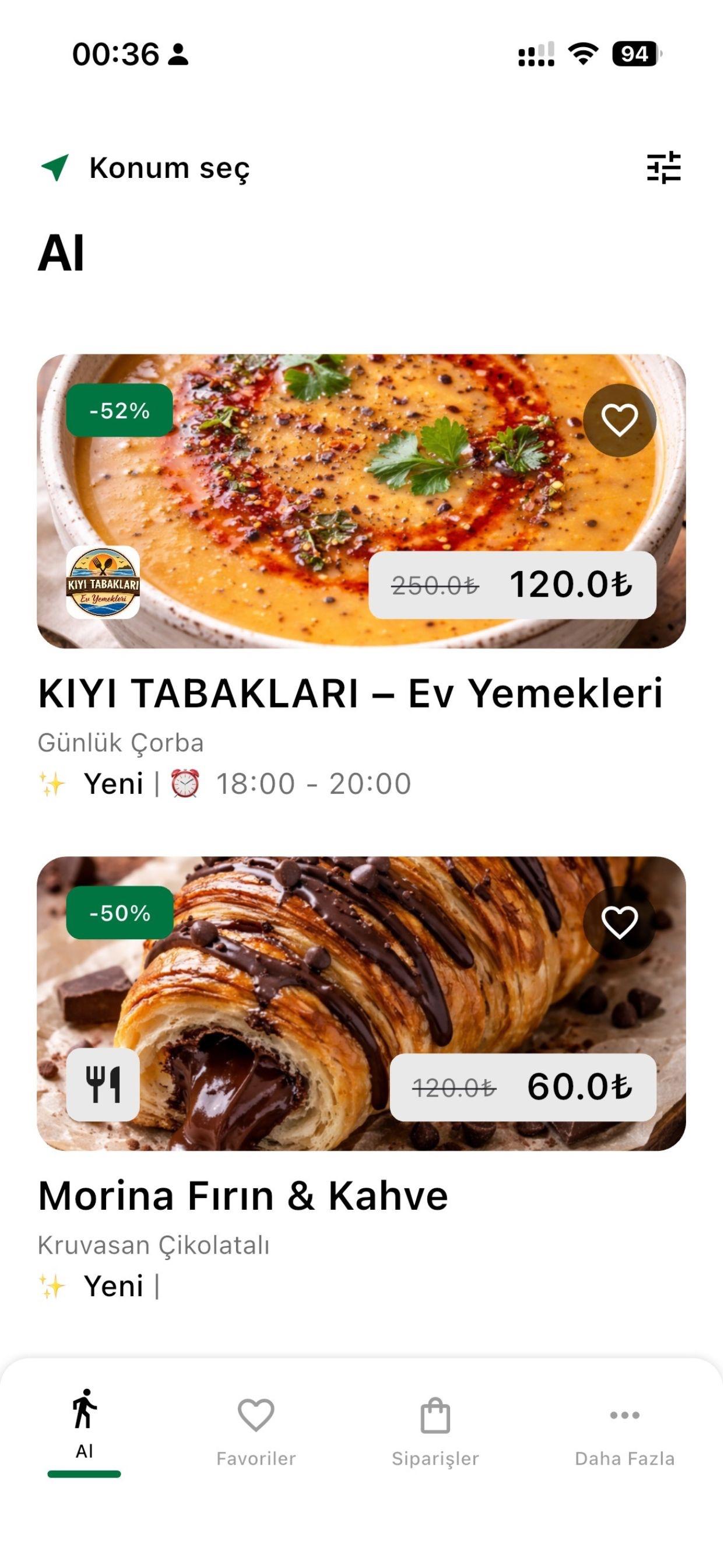 Yeniro nearby surplus food marketplace screen