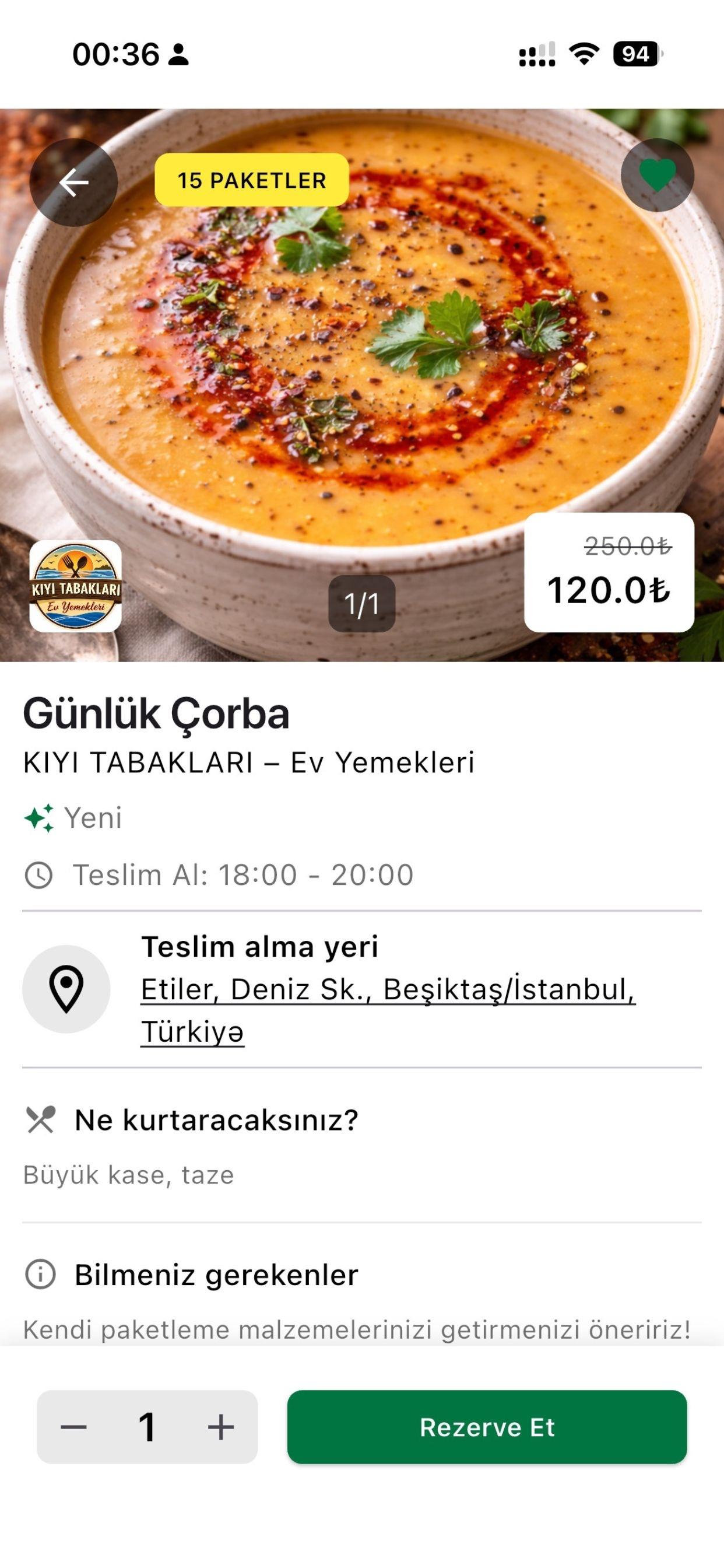 Yeniro food offer details and purchase screen
